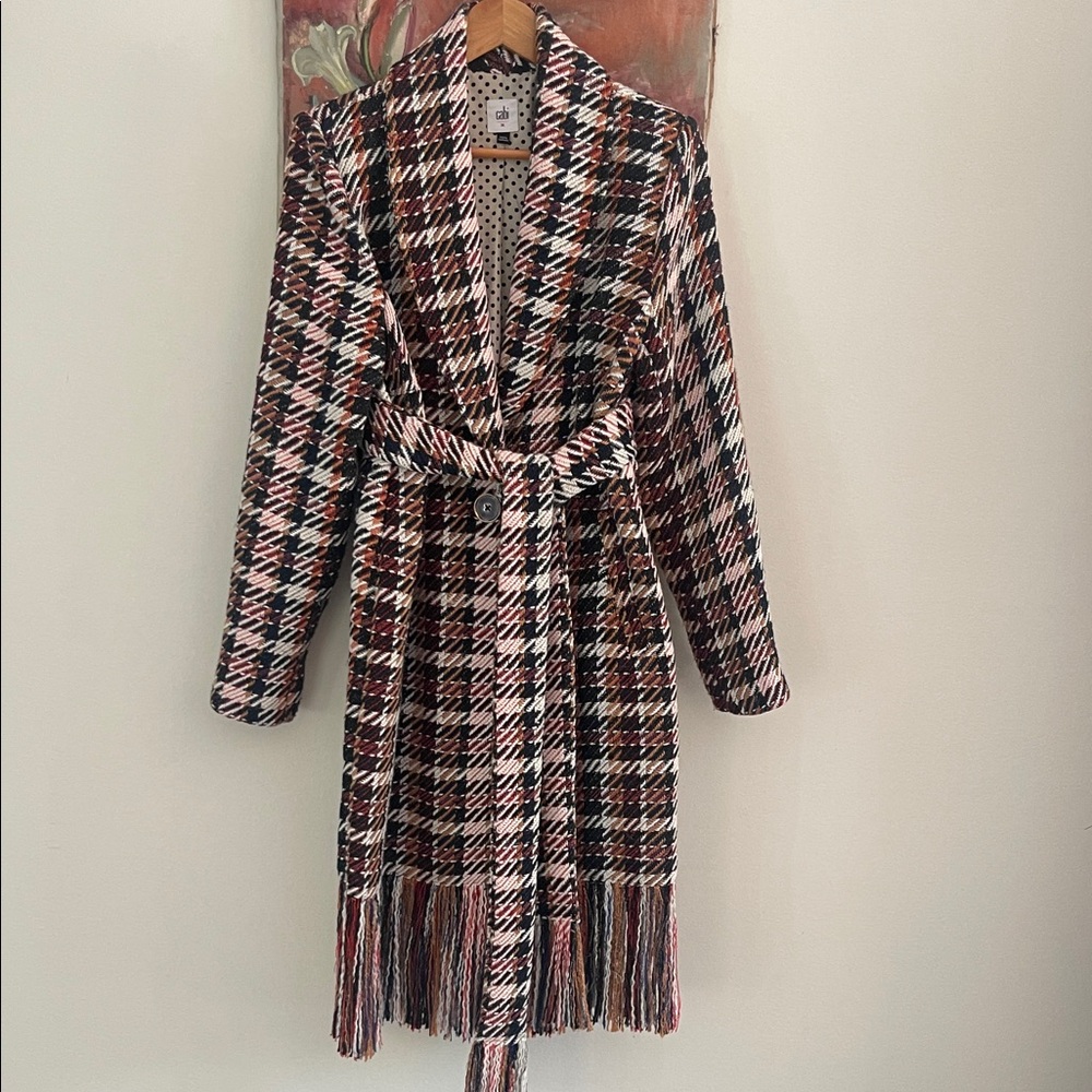 CAbi Multicolor Plaid Coat with Fringe